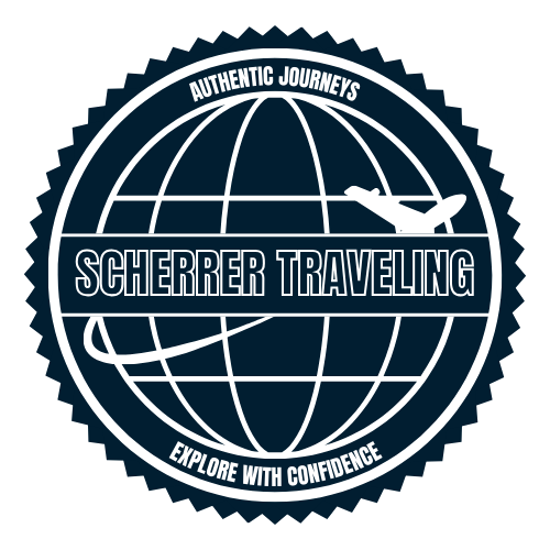 Logo of Scherrer Traveling with a globe and airplane illustration on a white background